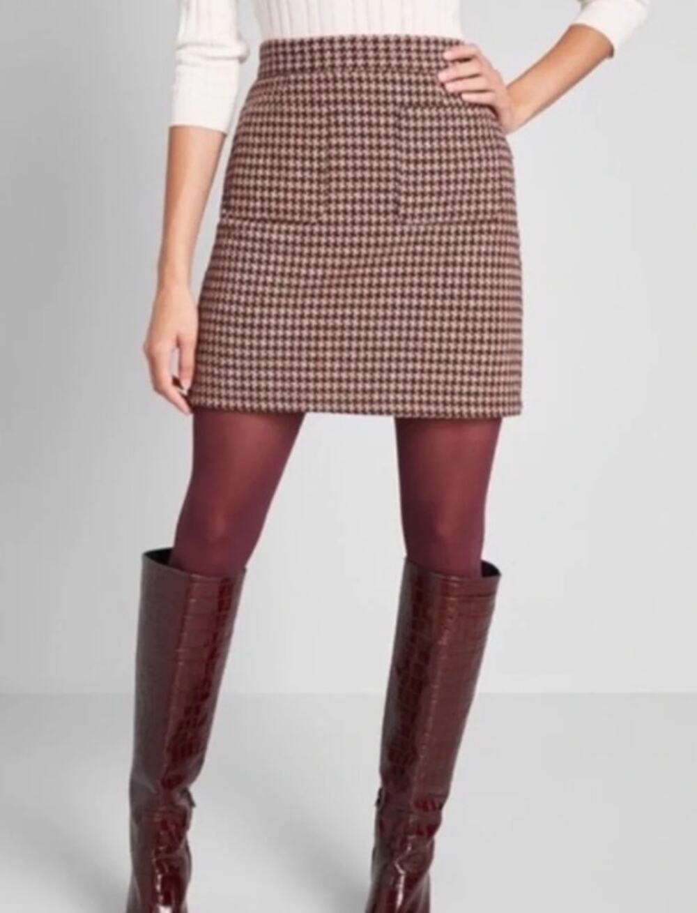 ModCloth Houndstooth Tweed Mini Skirt Wool Blend High Waist Retro Mod 70's
